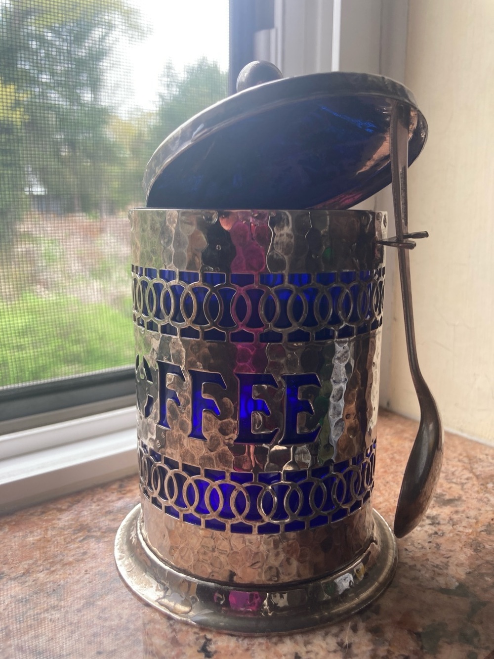Hammered Silver Coffee Canister with Cobalt Blue Insets - Picture 2 of 12